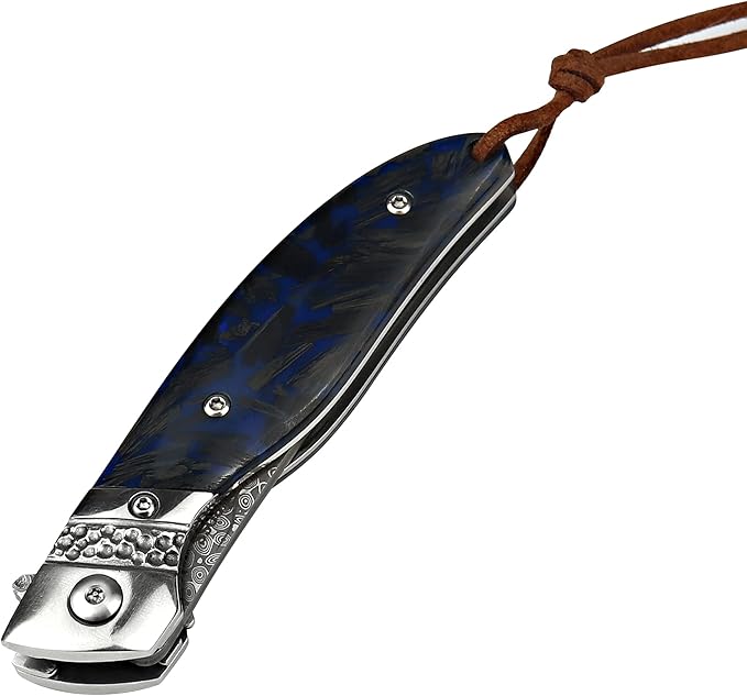 ALBATROSS Premium Damascus Folding Pocket Knife - EDC with Blue Fluorescent Carbon Handle Ball Bearing Assisted Opening Liner Lock for Camping Hunting - HGDK028-BE