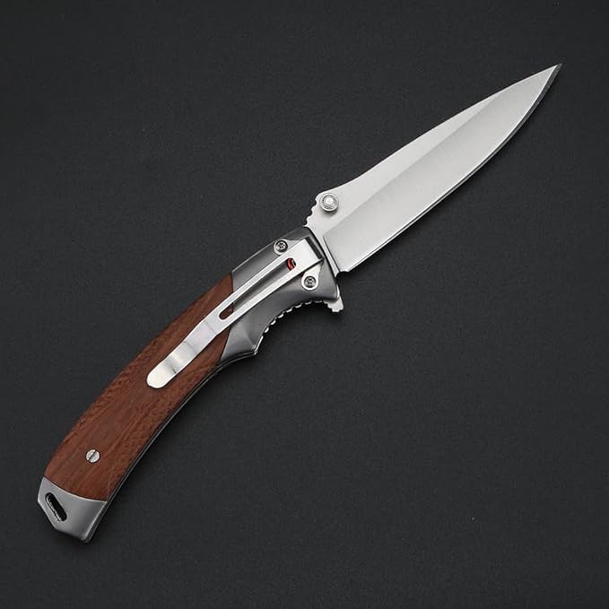 Tactical Folding Knife 4in Stainless Steel Mirror Blade Rosewood Handle EDC Knife with Safety Liner-Lock Hand-blocking Design