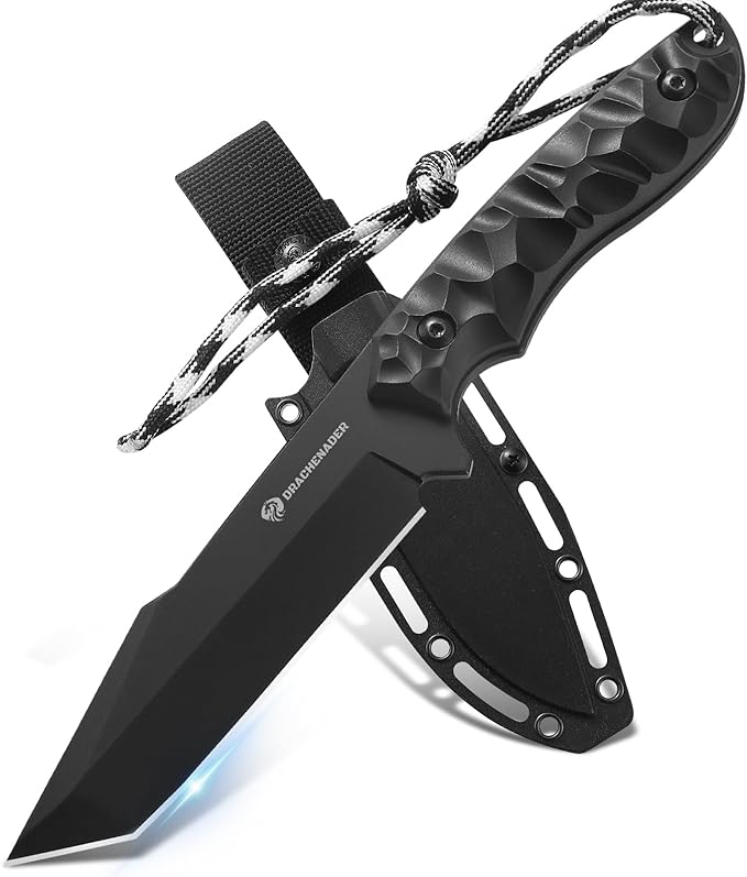 DRACHENADER Tanto Fixed Blade Knife with Sheath Tactical Knife for Men Survival Full Tang Design (E-Full Black)