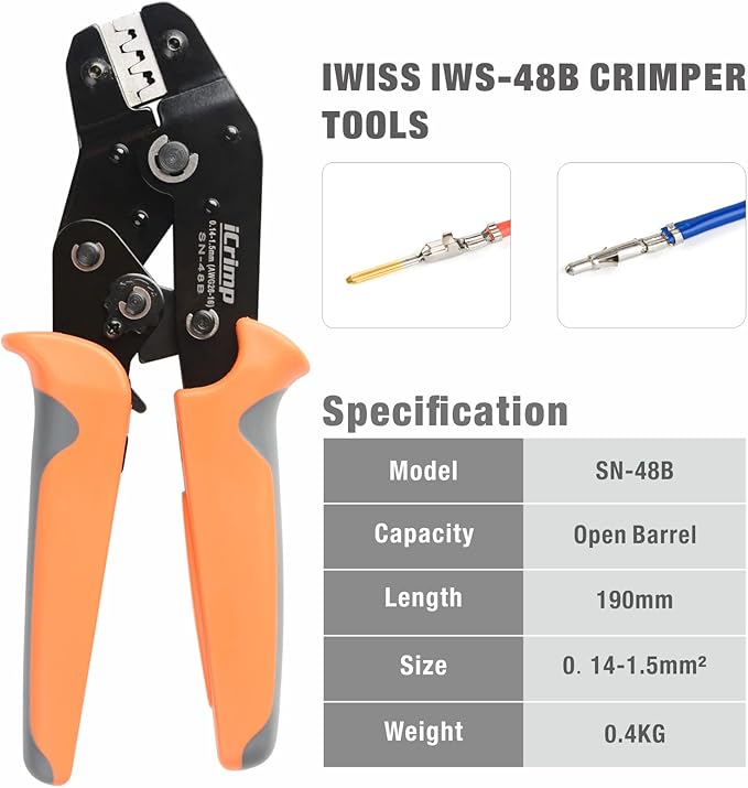iCrimp SN-48B Pin Crimping Tools 3.96/4.8/5.08/6.3 mm 26-16AWG Crimper 0.14-1.5mm² for Dupont &amp JST-SM Molex Connectors and Terminals
