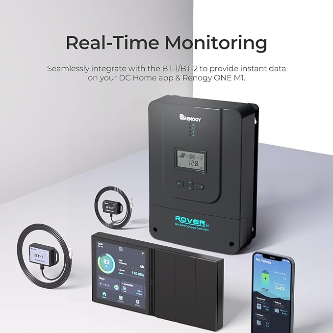 Renogy Charge Controller-Rover 60A MPPT 12V/24V/36V/48V Auto-Detect LCD Display | 99.9% Efficiency for Gel/Flooded/Lithium Batteries | Dual-Peak Tracking &amp Modbus Support (60A 12V/24V/36V/48V)