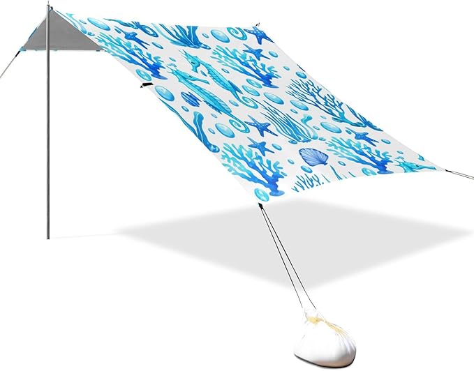 Beach Canopy with Windproof Ropes &amp Sandbags Beach Tent Sun Shade Sun Shelter for Camping Trips Fishing Backyard Fun or Picnics Seahorses