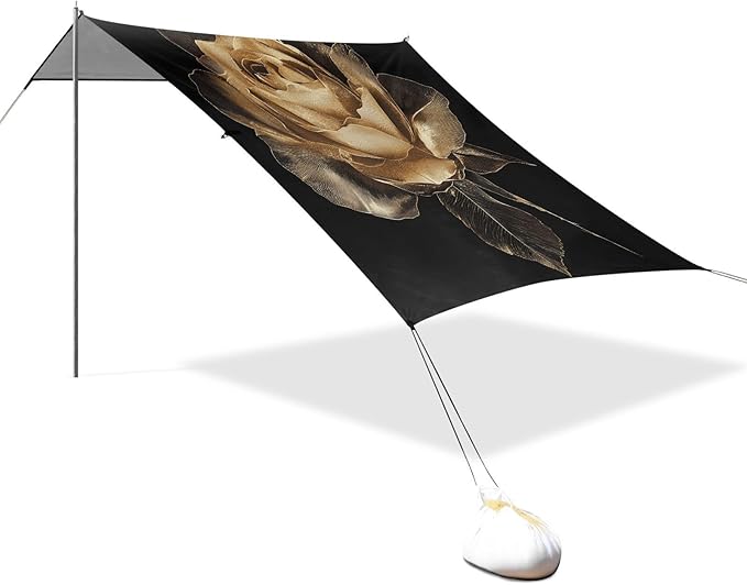 ALAZA Crystal Gold Rose Flower Beach Tent Sun Shelter UPF50+ Protection Beach Shade Canopy w/ 4 Sandbags for Outdoor Camping Fishing Backyard Fun Picnic 10x9 ft