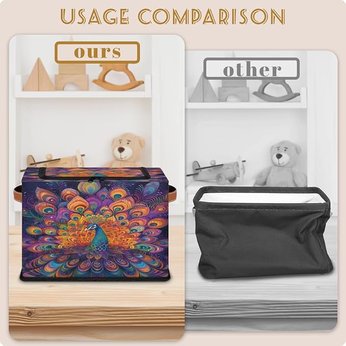 Peacock Storage Box with Lid Watercolor Feather Collapsible Storage Bins Baskets Cubes Closet Shelf Clothes Organizer Containers with PU Leather Handles