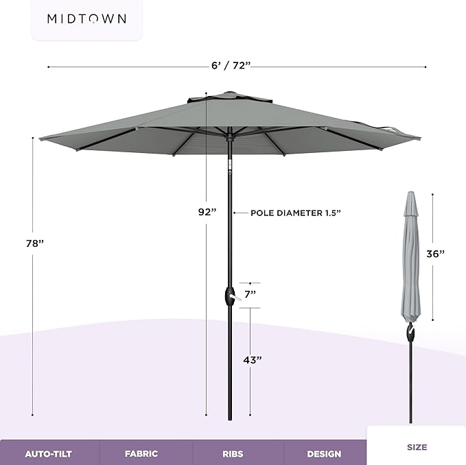 Midtown Umbrellas - 10-Year-No-Fade 6 Ft Patio Umbrella with Terylast Fabric Auto-Tilt Aluminum Frame and 8 Reinforced Ribs for Deck Pool Garden &amp Beach - Grey Canopy Black Pole