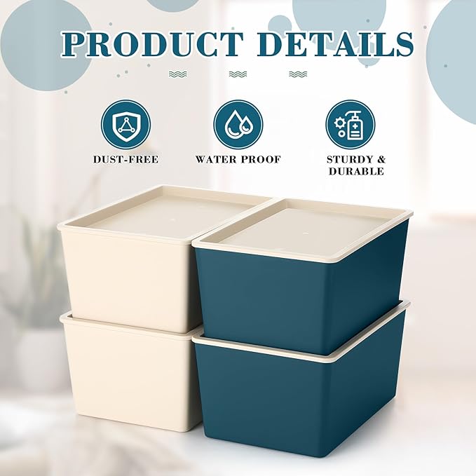 Menkxi 4 Pcs Storage Bins with Lids Plastic Stackable Containers for Organizing Shelves Christmas Ornament Box Baskets(Beige BlueSmall)