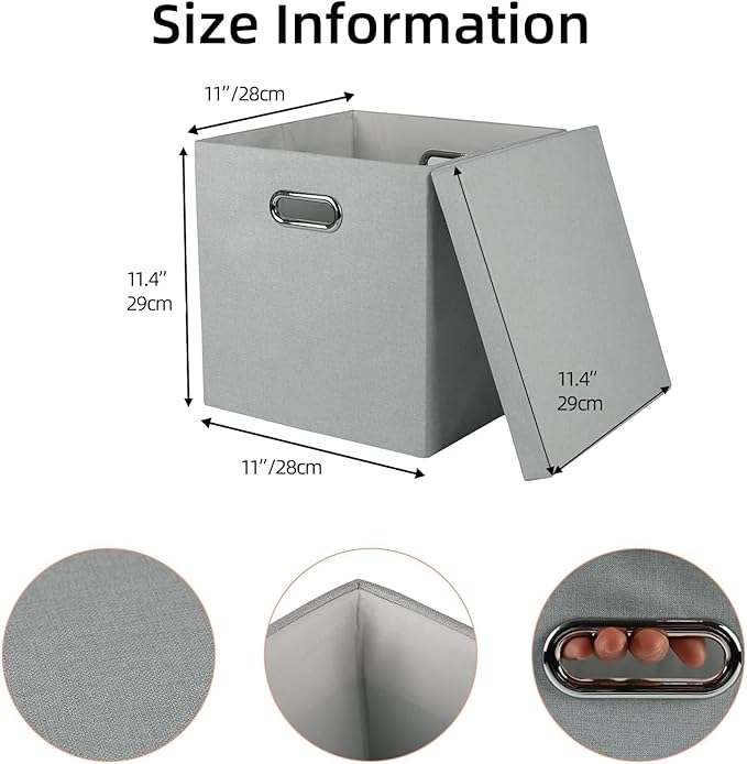 Storage Bins with Lids Collapsible Linen Fabric Boxes Organizer Containers with Lid Foldable Storage Box Basket for Closet Shelves Home Office 11 x 11 x 11.4 Inch 4 Pack Gray