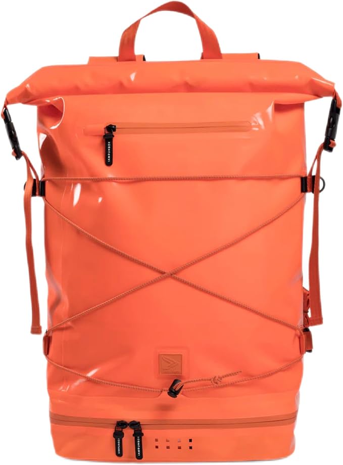 Spin Bag Durable Travel Waterproof Backpack for Men and Women Carry On Bag for Sports Work and Travel with Laptop Sleeve Shoe Compartment and Tactical Features 30 Liter Orange