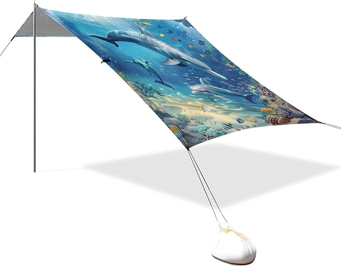 ALAZA Underwater World Dolpins Sand Ocean Beach Tent Sun Shelter Portable Canopy Sunshade for Outdoor Camping Picnics Backyard Fun 10x9 ft
