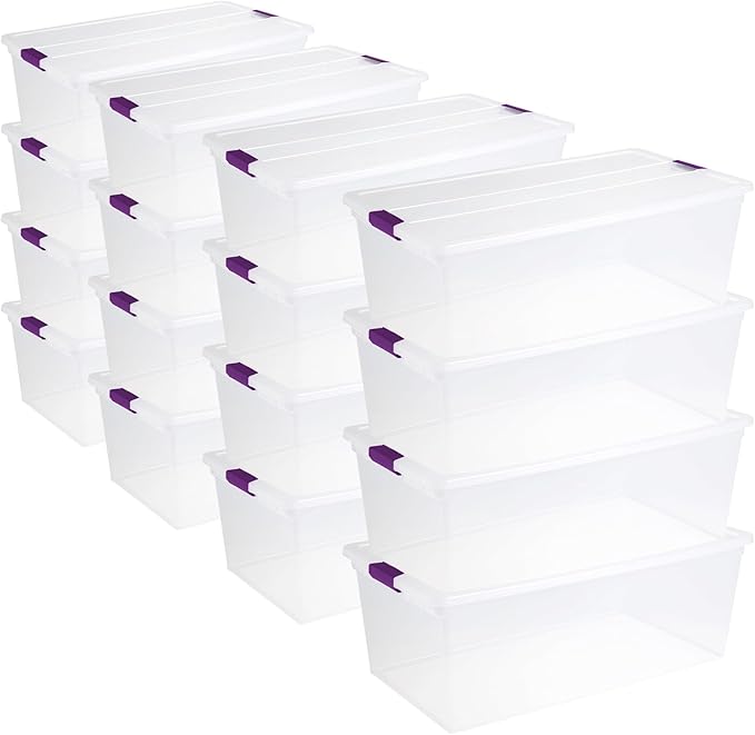 Sterilite 16-Pack 110 Quart ClearView Latch Box Stackable Organizer Bins with Latching Lids - Clear Plastic Organization Containers for Closet Bedroom Shelving Units and Everyday Home Storage