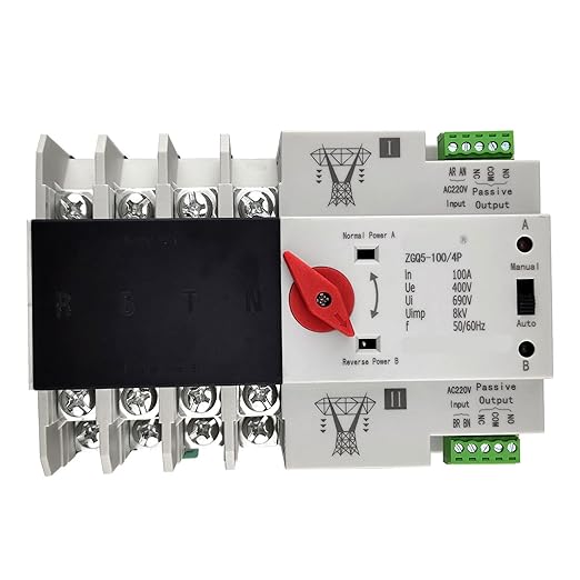 Dual Power Automatic Transfer Switch - 4P 100A 220V Changeover Switch with Automatic Transfer and Electronic Power Circuit Breaker
