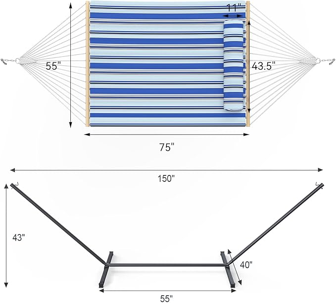 Everyfun 2 Person Outdoor Hammock with Stand Cotton Rope Hammock with Polyester Pad Adjustable Steel Frame Portable with Carrying Bag – for Patio Backyard Garden Beach Blue Stripe