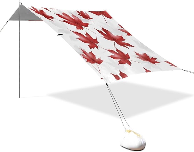 Canadian Red Maple Leaf Beach Cabana Tent UPF50+ Easy Setup Sun Shelter with Sand Pockets for Backyard and Camping
