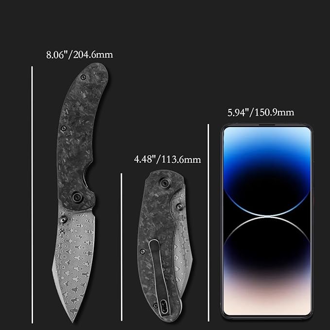 KANSEPT Nesstreet Pocket Folding Knives for Men EDC Camping Folding Knife 3.58'' Damascus Material Pocket Folding Knife with Shred Carbon Fiber Handle Everyday Carry K1039D1