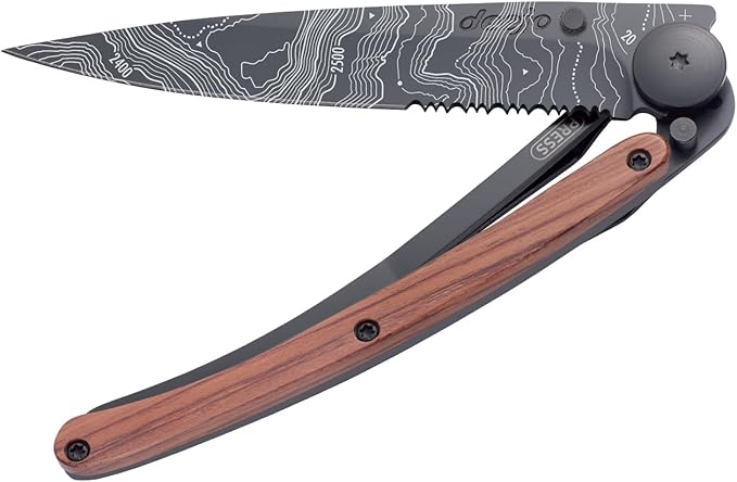 deejo - 37G Serrated Folding Pocket Knife with Belt Clip - Topography Design 3.7-Inch Stainless Steel Blade Black Titanium Finish Coral Handle - Lightweight EDC for Home Work and Outdoor Use