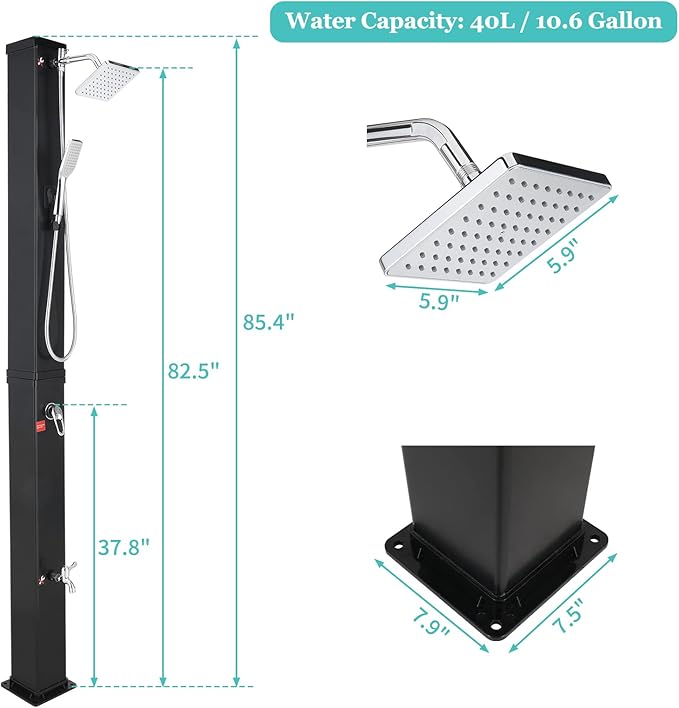 VINGLI 10.6 Gallon 7.5FT Solar Heated Shower with Shower Head Handheld Showerhead and Foot Shower Tap for Poolside Backyard Beach Pool Spa