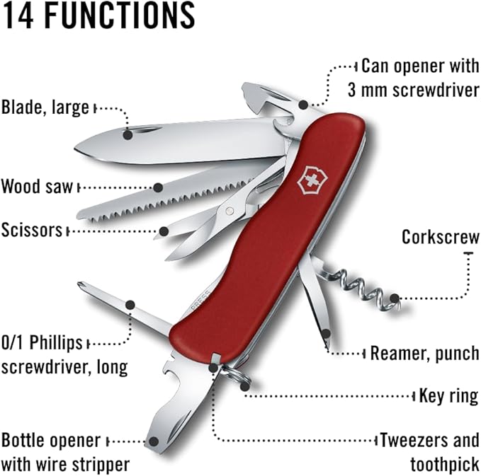 Victorinox Outrider Swiss Army Knife 14 Function Swiss Made Pocket Knife with Large Knife Corkscrew Scissors and 2 Screwdrivers - Red