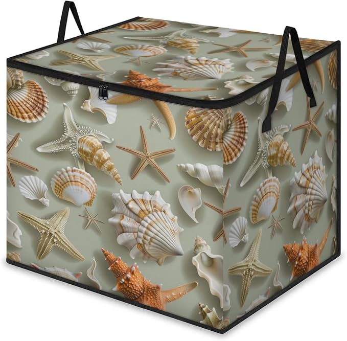 XL Large Clothes Storage with Lid Handle Starfish Large Thick Clothes Blanket Storage Containers for Organizing Bedroom Closet Comforter Tropical Seashells and Scallops