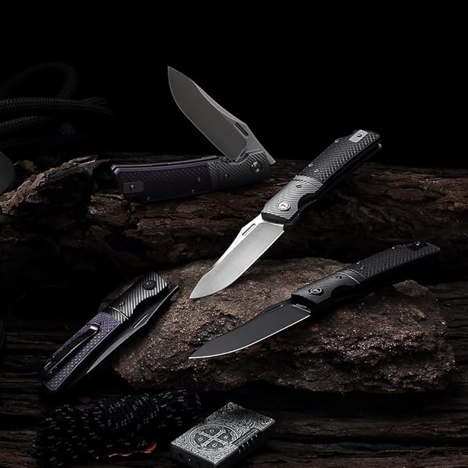 EDC Folding Knife - 3.46 14C28N Pocket Knife with G10 Handle with Pocket Clip &amp Steel Bolster for Man Outdoor Camping Knife for Hiking Fishing Survival- XUN123-BGB(PVD Blade)