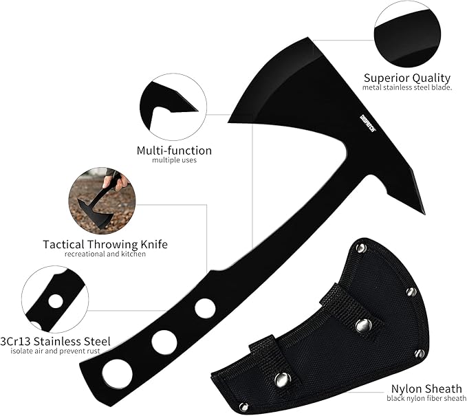 DISPATCH 10 Throwing Axe Full Tang 3Cr13 Stainless Steel Tactical Tomahawk 4mm Thick Sandblasted Blade Includes Nylon Sheath — Perfect for Axe Throwing Camping Hunting (Black)