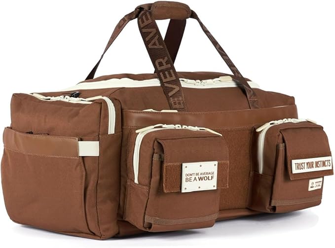 WOLFpak Ultimate 40L Gym &amp Travel Duffle Bag for Men &amp Women | Heavy-Duty Gear Bag w/Durable Waterproof 1000D Oxford Material | Hard Shell Base Laptop Sleeve Custom Patch Options | (Mocha Br