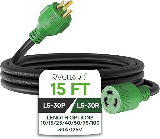 RVGUARD 3 Prong 30 Amp 15 Foot Generator Extension Cord NEMA L5-30P/L5-30R 125V 10 Gauge SJTW Generator Power Cord ETL Listed