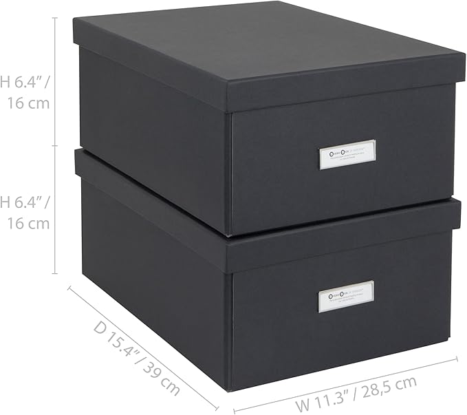 Bigso Katia Collapsible Storage Box with Labelframe for Identification - Simple Assembly without Tools - Decorative Storage Boxes with Lids - 11.3in x 15.4in x 6.4in - 2 Pack - Dark Grey