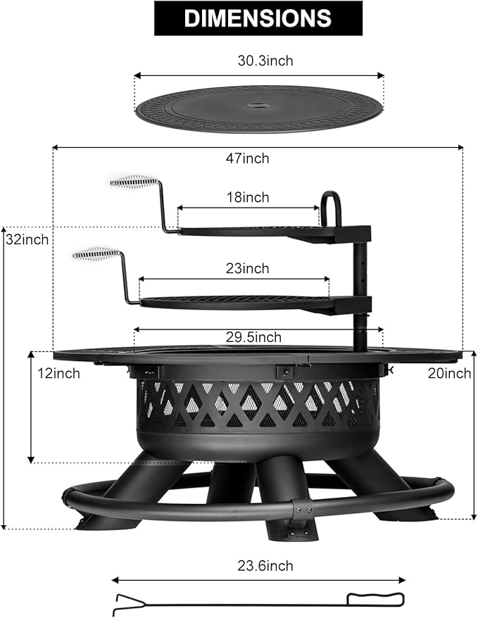 Panovue 47 Inch Outdoor Wood Burning Fire Pit with 2 GrillsExtra Large 3-in-1 Fire Pit with Metal Lid &amp Fire Poker Heavy Duty BBQ Firepits for Outside Backyard Bonfire Patio &amp Party (47''