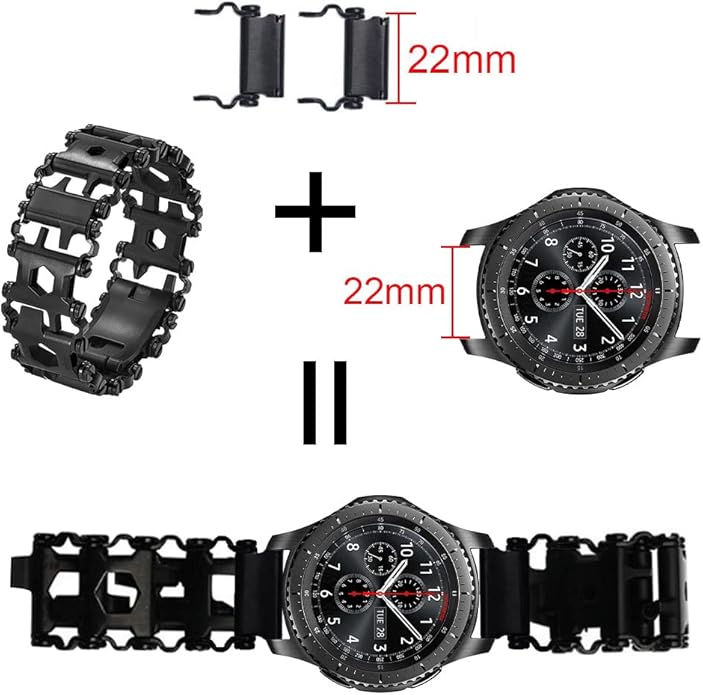 Stainless Tool Bracelet for Men Compatible for LEATHERMAN TREAD and Watch Band 29 in 1 Survival Hiking Camping Travel Friendly Multitools Wearable Bracelet 22mm connector（Black）