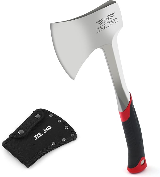 JXE JXO 14.4 Camping Hatchet with Full Tang Forged Construction &amp Ergonomic Shock Absorbing Grip Hatchet Axe with Nylon Sheath (Red