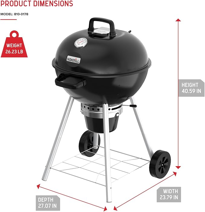 Nexgrill Premium 22.5 Charcoal Barbecue Grill with Adjustable Air Vent Built-In Temperature Gauge 362 SQ In Grate Storage Rack Portable Kettle Grill for Camping Picnics and More - 810-0178