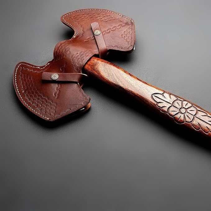 19.5 inches Length || Handmade Damascus Steel Axe || Viking Axe || Double Headed Axe || Authentic Design || Ergonomic Handle || Leather Sheath || Collectible Piece.