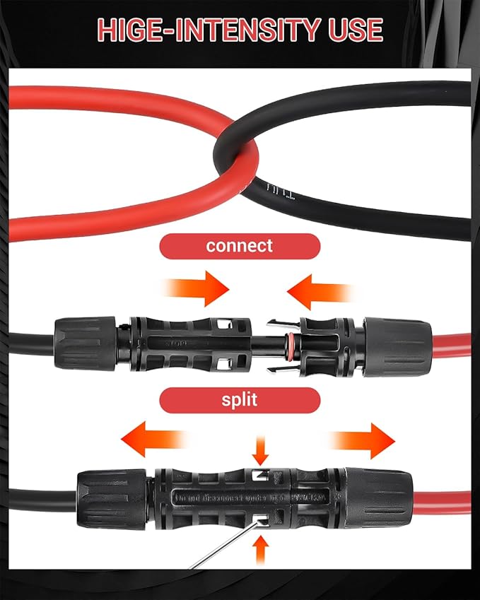 10AWG Solar Extension Cable 50FT Solar Panel Wire 10 Gauge Tinned Copper PV Wire with Waterproof Female and Male Connector for Home Marine RV Solar Photovoltaic Systems