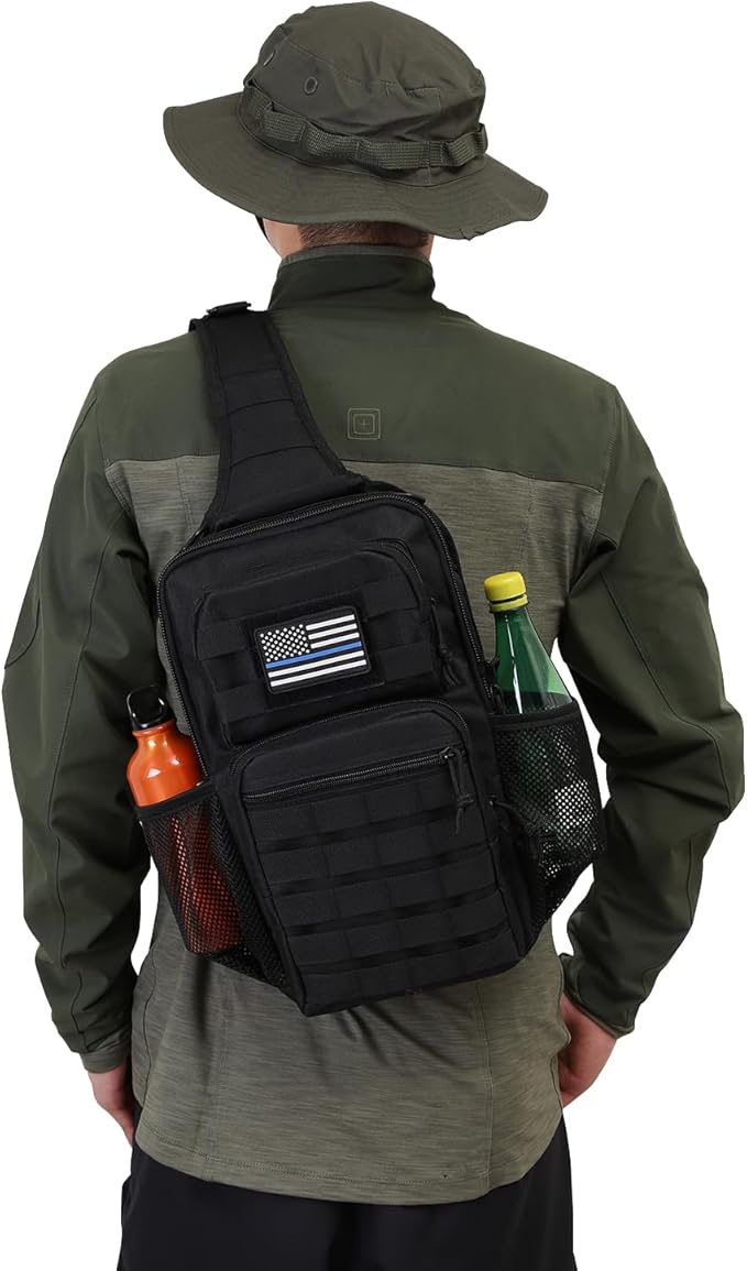 Rover Sling Pack Tactical Shoulder Sling Bag Backpack with Bottle Holder Crossbody Chest Bag Black