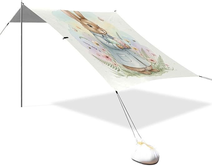 xigua Easter Bunny Beach Tent Sun Shelter with Carrying Bag - Silver Coated Oxford Fabric Beach Canopy for Beach Camping Fishing - Includes Windproof Ropes Sandbags &amp Stakes