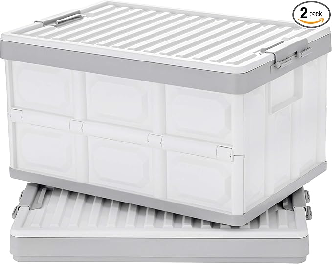 Collapsible Storage Bins with Lids 30L Folding Plastic Stackable Utility Crates 2-Pack Durable Containers for Home &amp Garage Organization - Oyster White