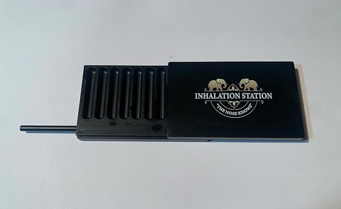 Inhalation Station Black 7 Compartment/Slot Snuff Storage Box w/Built in Slim 3 Metal Straw Portable Travel Case