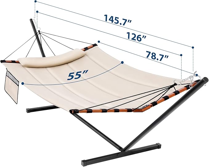TegerDeger 12FT 2 Person Hammock with Stand Included 55 x 79IN Large Hammock 450LB Capacity with Hardwood Spreader Bar &amp Nylon Rope for Outside Patio Garden Backyard Beach Poolside - Beige