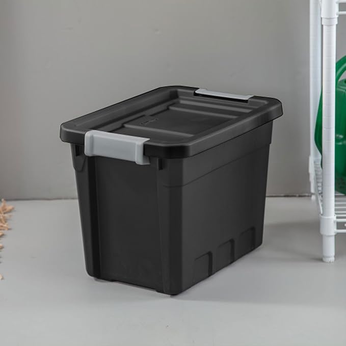 Sterilite 6-Pack 7.5 Gallon Stacker Tote Rugged Plastic Storage for Home Organization Black - Stackable Organizer Bins with Recessed Lid &amp Heavy-Duty Latches for Closet Basement Garage and Att