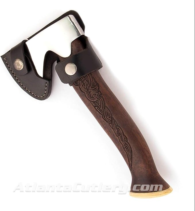 Windlass Viking Hunting Thane Hand Forged Steel Blade Norse Engraved Axe with Leather Belt Sheath and Bone Butt Cap - Throwing Tomahawk