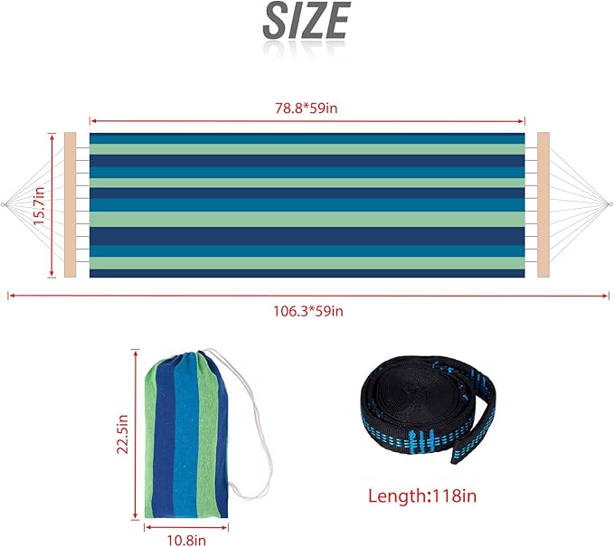Cotton Hammock with Spreader BarPortable Camping Hammock with Travel BagTree Straps KitPerfect for GardenPatio and Backyard Blue/Green
