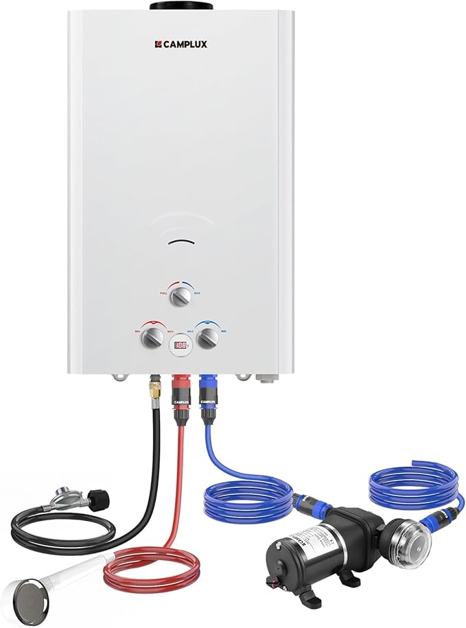 CAMPLUX 4.22GPM Propane Water Heater with 3.3 GPM Water Pump &amp Pipe Strainer 110000BTU Tankless Outdoor Water Heater BW422P120