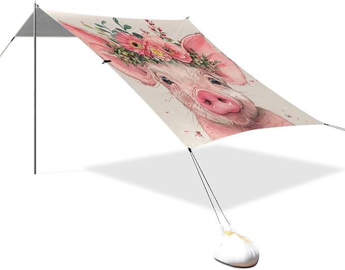 ALAZA Vintage Cartton Cute Pig Flower Beach Tent Sun Shelter Portable Canopy Sunshade for Outdoor Camping Picnics Backyard Fun 10x9 ft