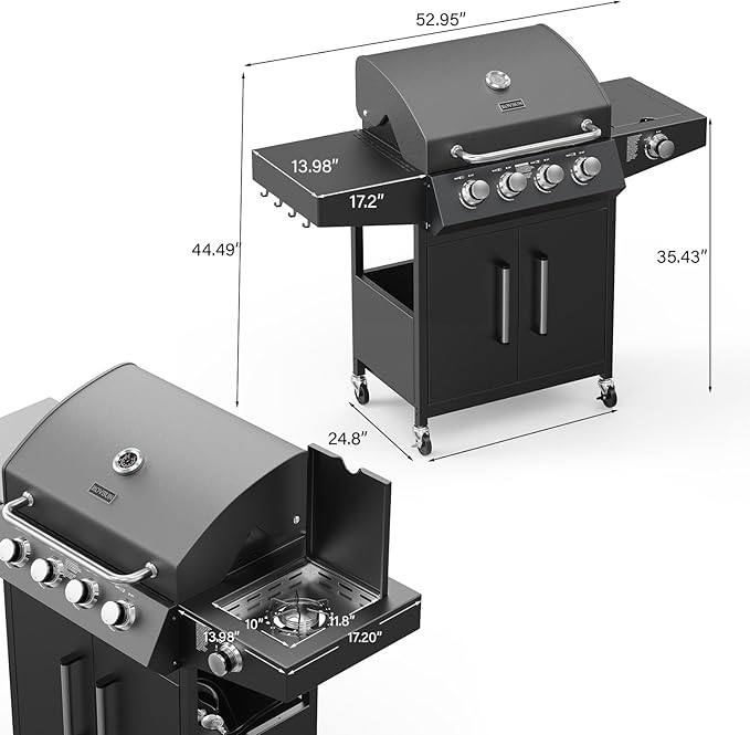 ROVSUN 4 Burner Propane Gas Grill with Side Burner 58000BTU BBQ Grills with Enameled Cast Iron Grates Shelf &amp Cabinet for Outdoor Garden Patio Backyard Barbecue Cooking