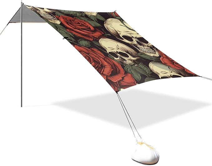ALAZA Skull and Roses Vintage Retro Beach Tent Sun Shelter Portable Canopy Sunshade for Outdoor Camping Picnics Backyard Fun 10x9 ft
