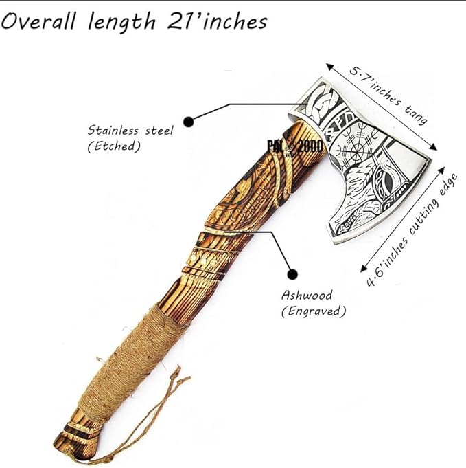 Custom Gift Forged Carbon Steel Viking Axe with Ash Wood Shaft - Viking Bearded Camping Axe 9970