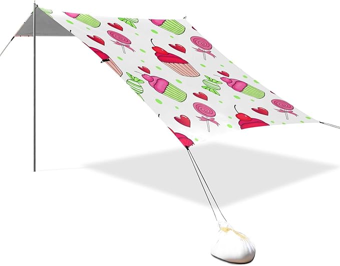 Beach Canopy with Windproof Ropes &amp Sandbags Beach Tent Sun Shade Sun Shelter for Camping Trips Fishing Backyard Fun or Picnics Cake