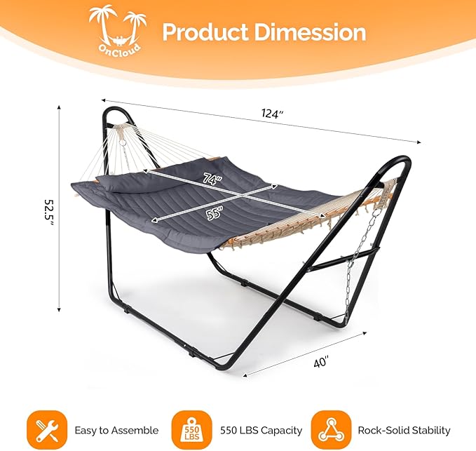ONCLOUD Double Hammock with Stand for Outside Rope Hammock with Pillow and Pad Heavy Duty Hammock Set for Backyard 550 LBS (Grey)