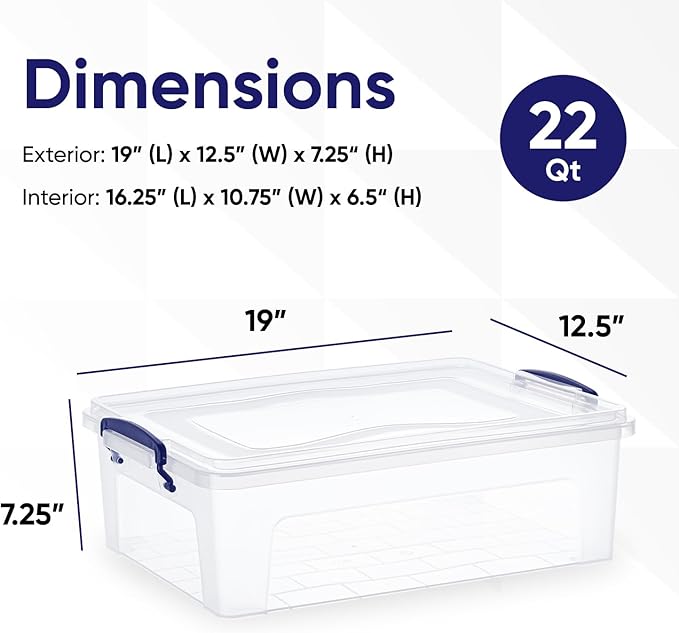 Superio Clear Storage Boxes with Lids Plastic Container Bins for Organizing Stackable Crates BPA Free Non Toxic Odor Free Organizers for Home Office School and Dorm (22 Quart 12 Pack)