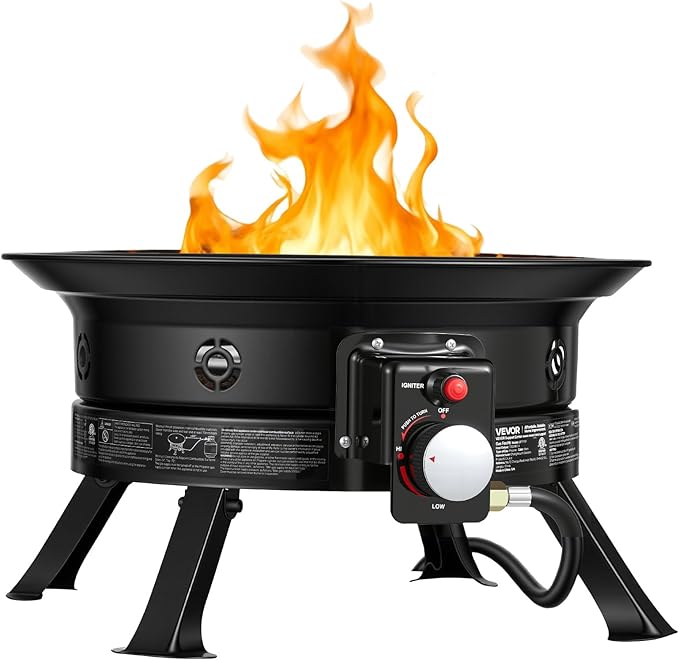 VEVOR Propane Fire Pit 24-Inch 53000 BTU Portable Gas Fire Pit with Grill Grate &amp Lava Rocks Adjustable Flame Folding LegsSmokeless Outdoor Firebowl for Camping Patio Backyard Deck RV B